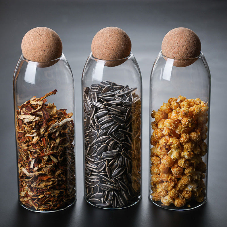 GLASS STORAGE JARS W/CORK LIDS