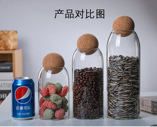 GLASS STORAGE JARS W/CORK LIDS
