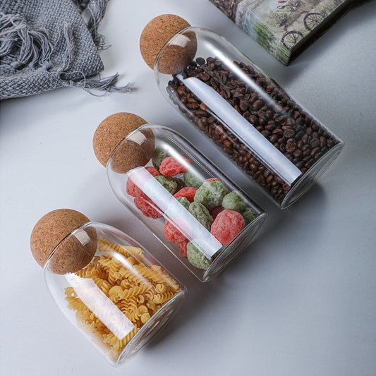 GLASS STORAGE JARS W/CORK LIDS